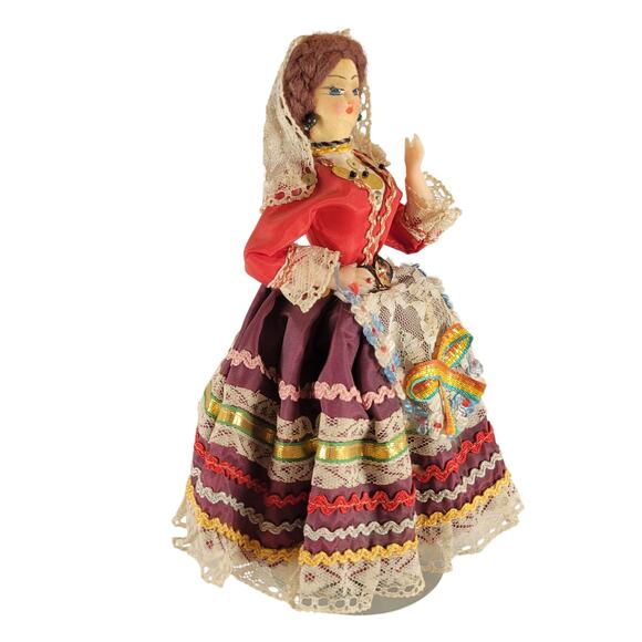 Vintage Spanish Flamenco Gypsy Cloth Doll 8" Lace Traditional  Dress Handmade - Picture 4 of 15
